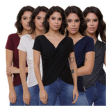 Kit 5 Blusa Feminina Manga Curta Transpassada Camiseta Bata