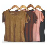 Kit 5 Blusinhas T-shirt Suede Moda Lançamento Outono-inverno