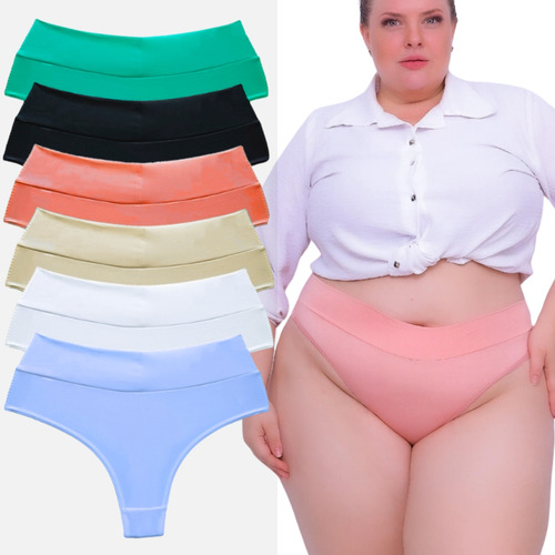 Kit 5 Calcinha Plus Size Cintura Alta Fio Dental Cs Duplo