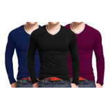 Kit 5 Camiseta Masculina Manga Longa Camisa Gola V Lycra Top