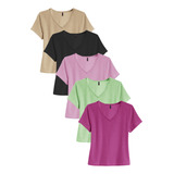 Kit 5 Camisetas Blusinha Feminina Casual Manga Curta Gola V