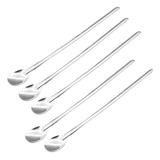 Kit 5 Colher Longa Suco Drink Aço Inox Refresco Coquetel 