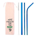 Kit 5 Em 1 - 3 Canudos Inox Azul (shake 8mm) + Escova + Bag 