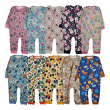 Kit 5 Macacão Algodão Bebê Estampado Moletom Peluciado Zíper