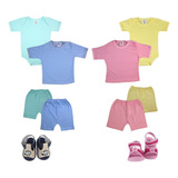 Kit 5 Pecas Roupa De Bebe Camiseta Sandalia Body Shorts Liso