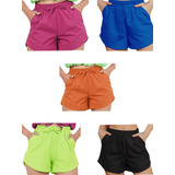 Kit 5 Peças Shortinho Linho Soltinho Feminino Cós Alto Verão