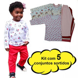 Kit 5 Pijama Bebê Manga Longa E Calça Criança Menina Menino