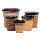 Kit 5 Potes Porta Mantimento Alimento Com Tampa Quadrado Cor Preto