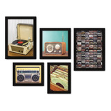 Kit 5 Quadros Decorativos - Rádio Fita Vinil Vintage Sala Cor Moldura Preta