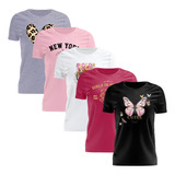 Kit 5 Tshirt Blusa Estampadas Feminina Manga Curta Camiseta