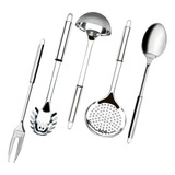 Kit 5 Utensílio Concha Colher Garfo Escumadeira Pegador Inox