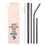 Kit 6 Em 1 - 4 Canudos Inox Preto + Escova + Ecobag