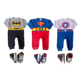 Kit 6 Pçs - Macacão + Tênis Capitão América Batman Super Man