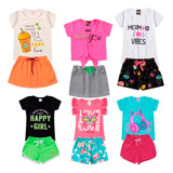 Kit 6 Peas 3 Conjuntos Infantil Roupa Menina Short Camiseta
