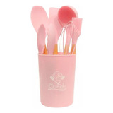 Kit 7 Peças Talheres Silicone Madeira Utensílio Cozinha Rosa