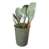 Kit 7 Peças Talheres Silicone Madeira Utensílios Cozinha