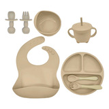 Kit 8 Alimentação Bebê Silicone Babador Prato Copo Tigela 