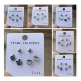 Kit 9 Pares Brincos Aço Inox Strass Para 3 Furos 3 Cartelas 