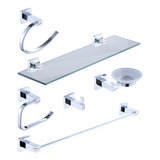 Kit Acessórios Banheiro 5 Peça Metal Cromado Luxo Quadrado