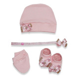 Kit Acessórios Bebe Luva Touca Meia Sapatinho Laços 4 Peças
