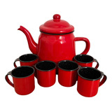 Kit Agata Esmaltada Vermelho Com 1 Bule 1 Litro + 6 Canecas