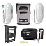 Kit Agl Interfone Coletivo 2 Pontos + Fechadura Elétrica Agl Lr100 Reversível + Protetor Do Porteiro