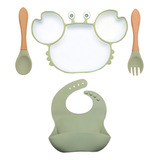 Kit Alimentação Bebê Prato Talher Babador Flexível Ventosa Cor Verde