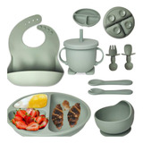 Kit Alimentação Para Bebê Silicone Prato Babador Alimentar