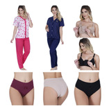 Kit Amamentação 2 Pijama Botão Inverno + 2 Sutiã +3 Calcinha