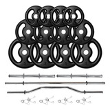 Kit Anilhas Ferro 50kg + Barras 40cm + Barra 120cm + Barra W