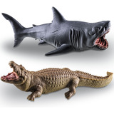 Kit Animais De Brinquedo Realista Tubarão Crocodilo Aquático