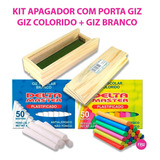 Kit Apagador C/ Porta Giz + Caixa Giz Colorido + Giz Branco