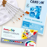 Kit Aquarela - Pentel Ougiotto + Papel Canson + 6 Pinceis