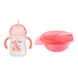 Kit Baby Viagem Copo Dinossauro Pratinho Colher Tampa Rosa