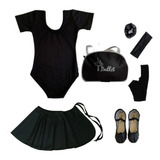 Kit Ballet 7 Itens Collant Meia Manga C/ Saia De Amarrar