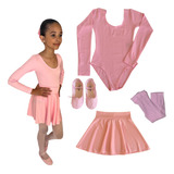 Kit Ballet Infantil 4 Itens C/ Collant Manga Longa Balé Rosa
