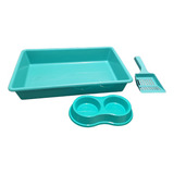 Kit Bandeja Higiênica Comedouro E Pá Para Gatos Cor Tiffany