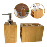 Kit Banheiro Lavabo Em Bambu Dispenser