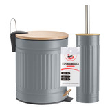 Kit Banheiro Lixeira Pedal E Cesto + Escova Sanitária Bambu