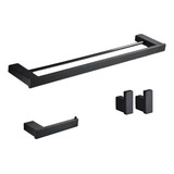 Kit Banheiro Luxo Inox Preto Fosco 4 Peças Toalheiro Duplo