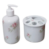 Kit Banheiro Porcelana Floral Porta Liquido E Escova Dente