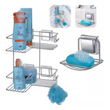Kit Banheiro Porta Shampoo Cantoneira + Saboneteira Ventosa Cor Cromado