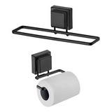 Kit Banheiro Preto Ventosa 2 Peças Toalha Rosto Porta Papel
