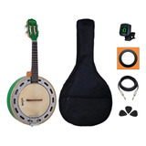 Kit Banjo Elétrico 4 Cordas Caixa Larga Verde Rj11 Completo