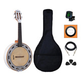 Kit Banjo Rozini Elétrico 4 Cordas Rj11 Branco Completo