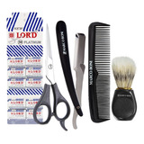 Kit Barba Com Tesoura Navalhete 50 Laminas Pincel E Pente