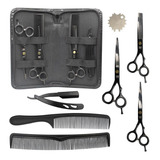 Kit Barbeiro Cabeleireiro Pente Navalhete Tesouras Aço Inox Cor Preto