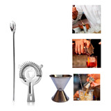 Kit Bartender Drink Dosador Duplo Colher30cm Coador Strainer