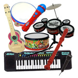 Kit Bateria Tambor Teclado Viola Microfone Infantil 7 Itens