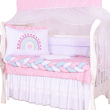 Kit Berço Trança Arco Íris Rosa 8 Peças + Almofada Brinde